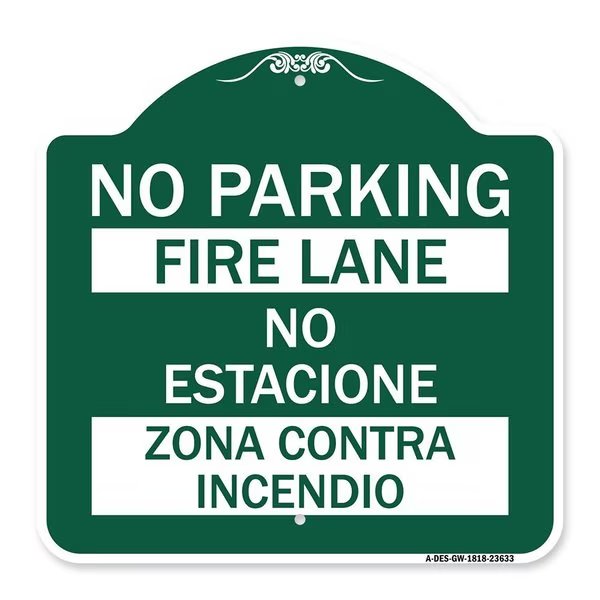 No Parking Fire Lane No Estacione Zona Contra Incendio, Green & White Alum, 18